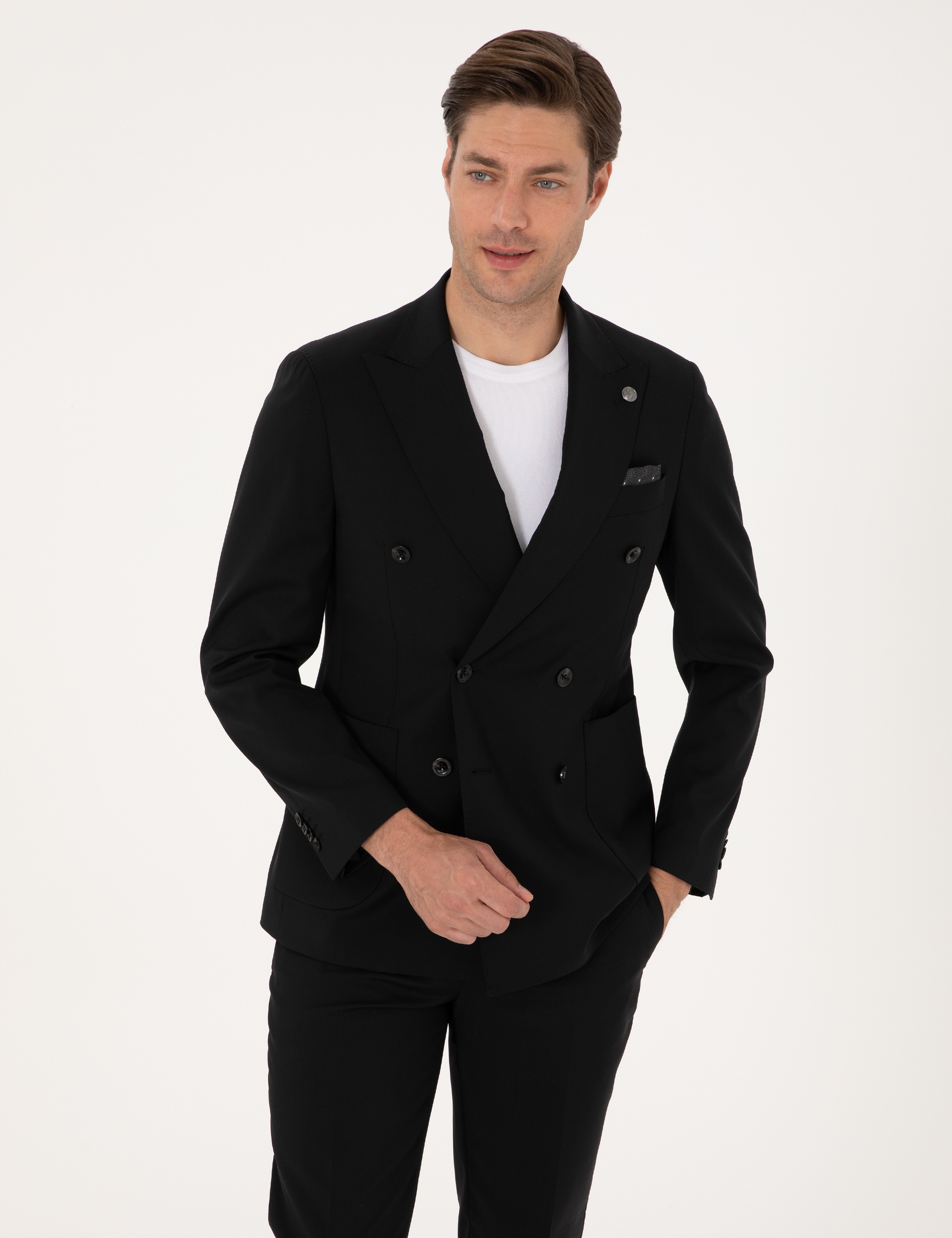Siyah Extra Slim Fit %100 Yün Kruvaze Takım Elbise