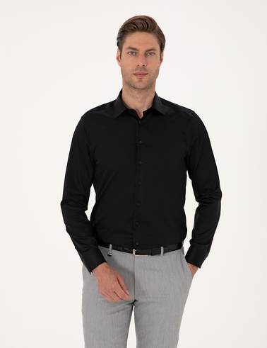Siyah Non İron Kolay Ütülenebilir Slim Fit Uzun Kollu Basic Gömlek
