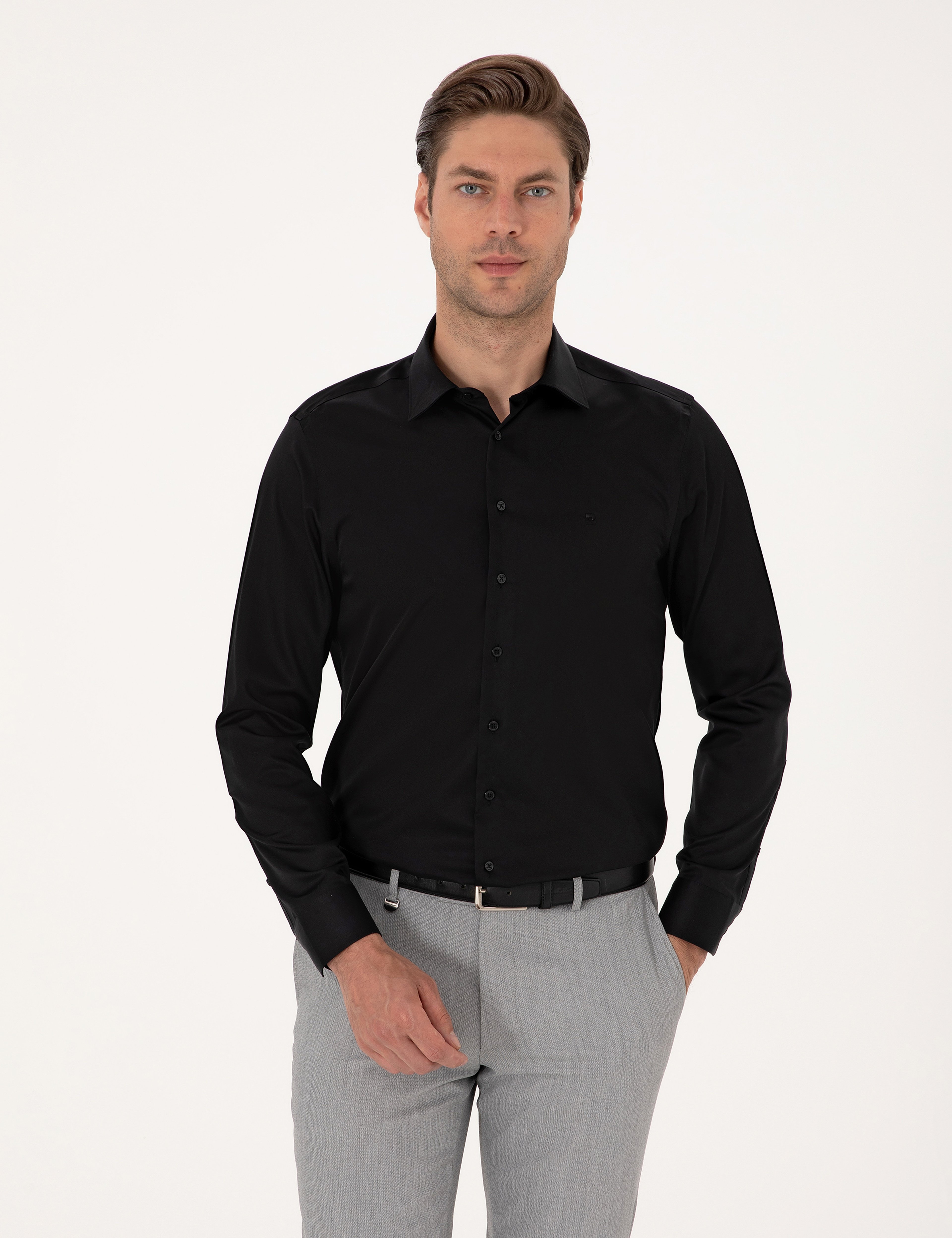 Siyah Non İron Kolay Ütülenebilir Slim Fit Uzun Kollu Basic Gömlek - Image 3