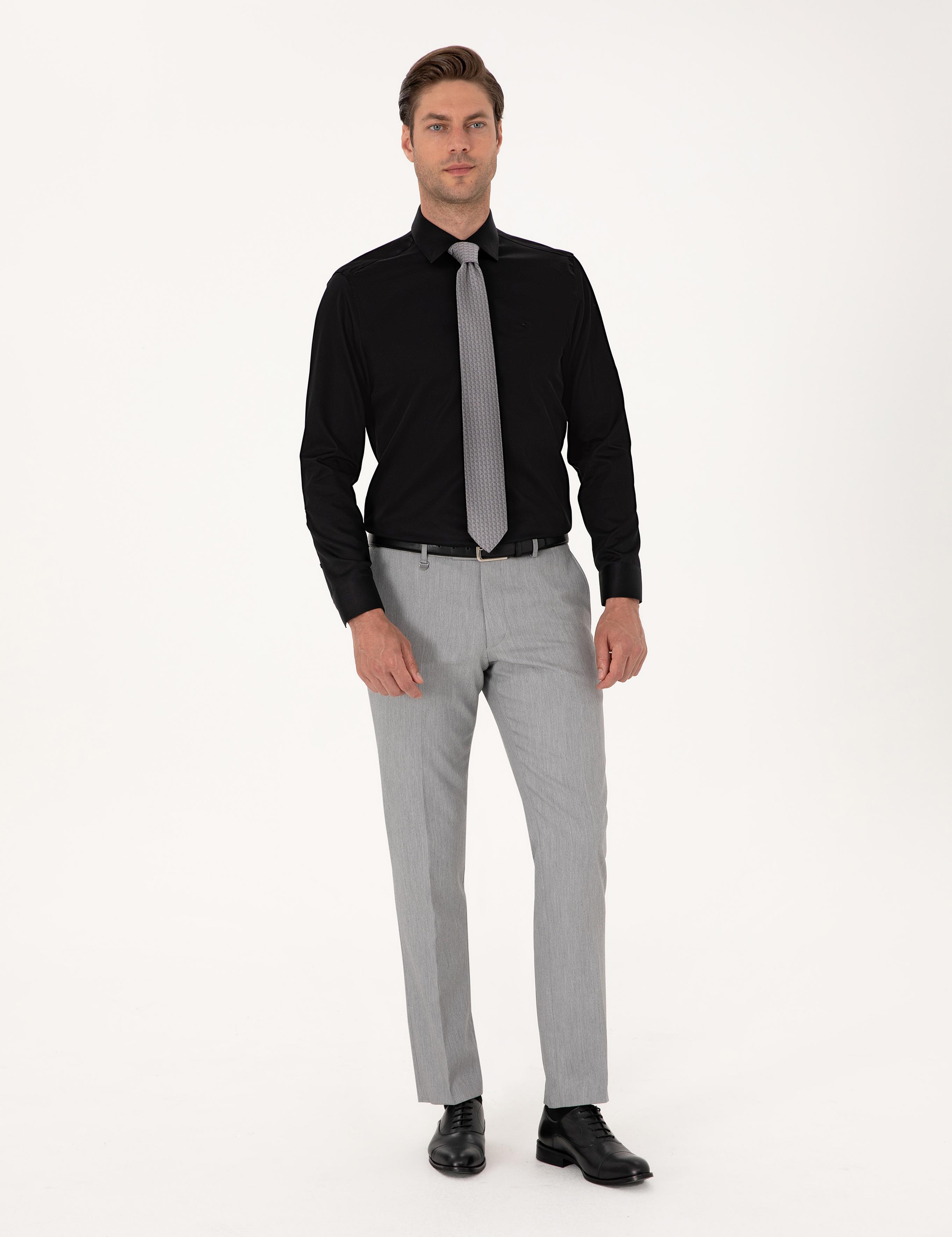 Siyah Non İron Kolay Ütülenebilir Slim Fit Uzun Kollu Basic Gömlek