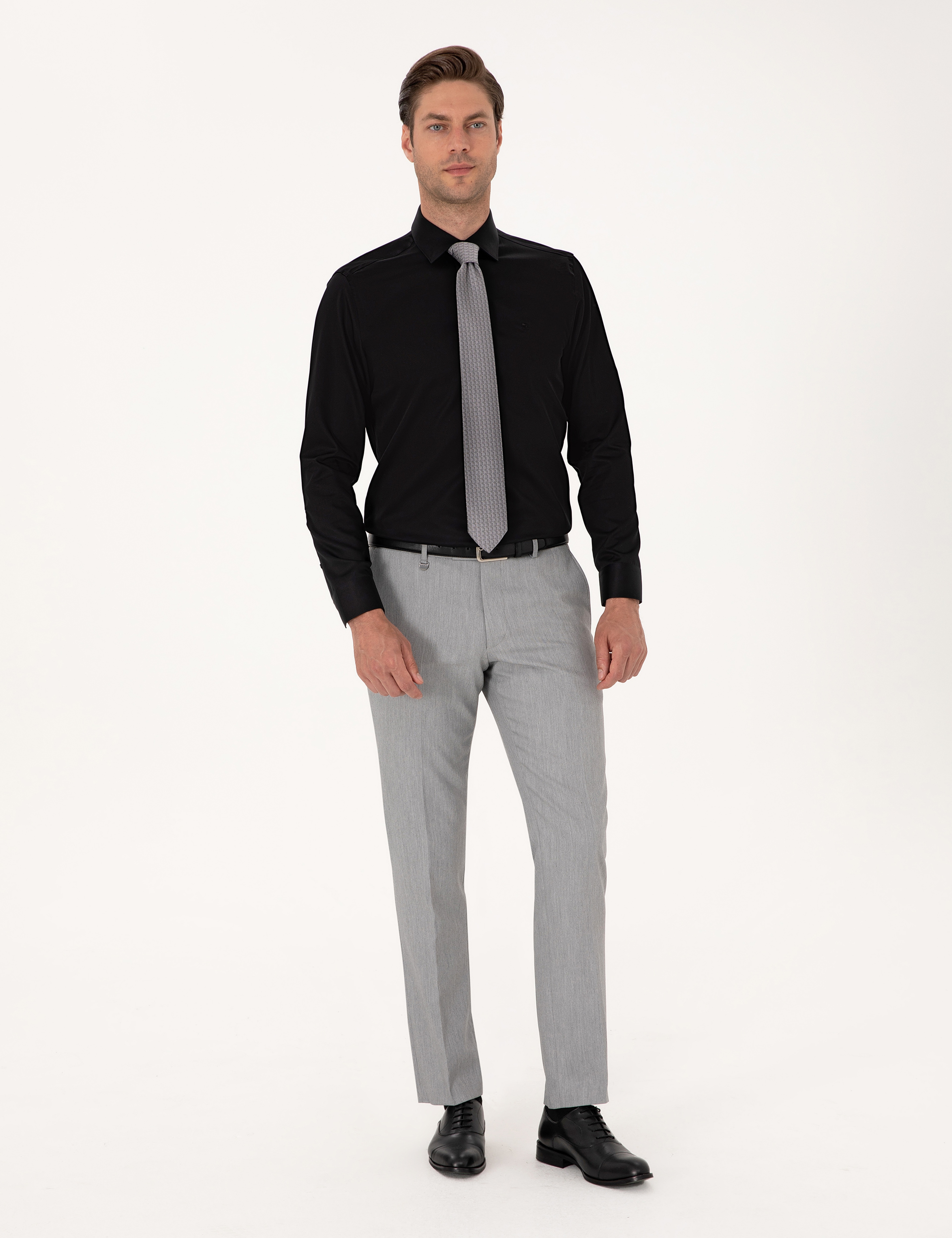 Siyah Non İron Kolay Ütülenebilir Slim Fit Uzun Kollu Basic Gömlek - Image 4