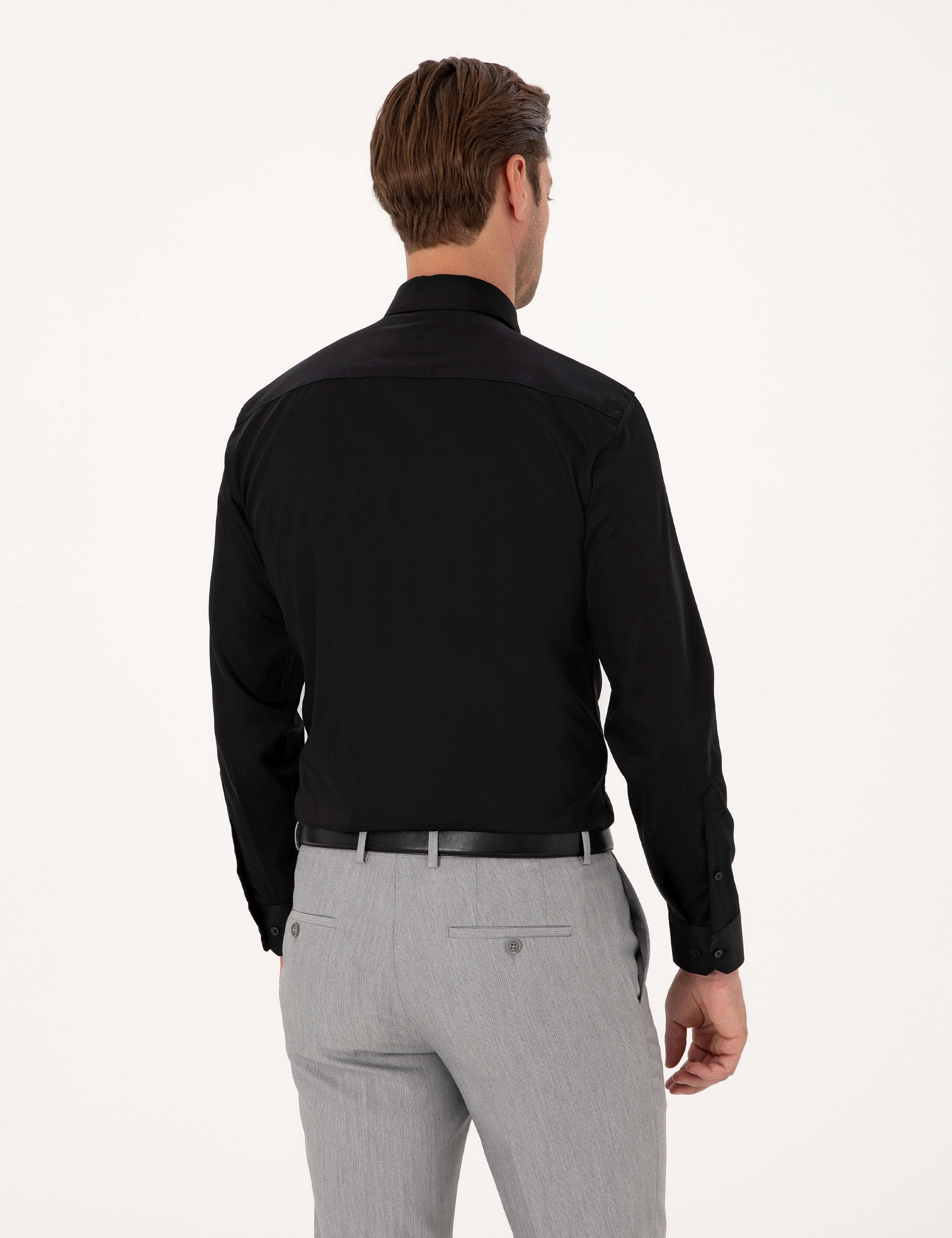 Siyah Non İron Kolay Ütülenebilir Slim Fit Uzun Kollu Basic Gömlek