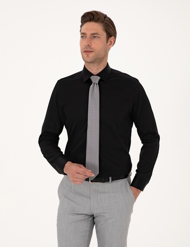 Siyah Non İron Kolay Ütülenebilir Slim Fit Uzun Kollu Basic Gömlek
