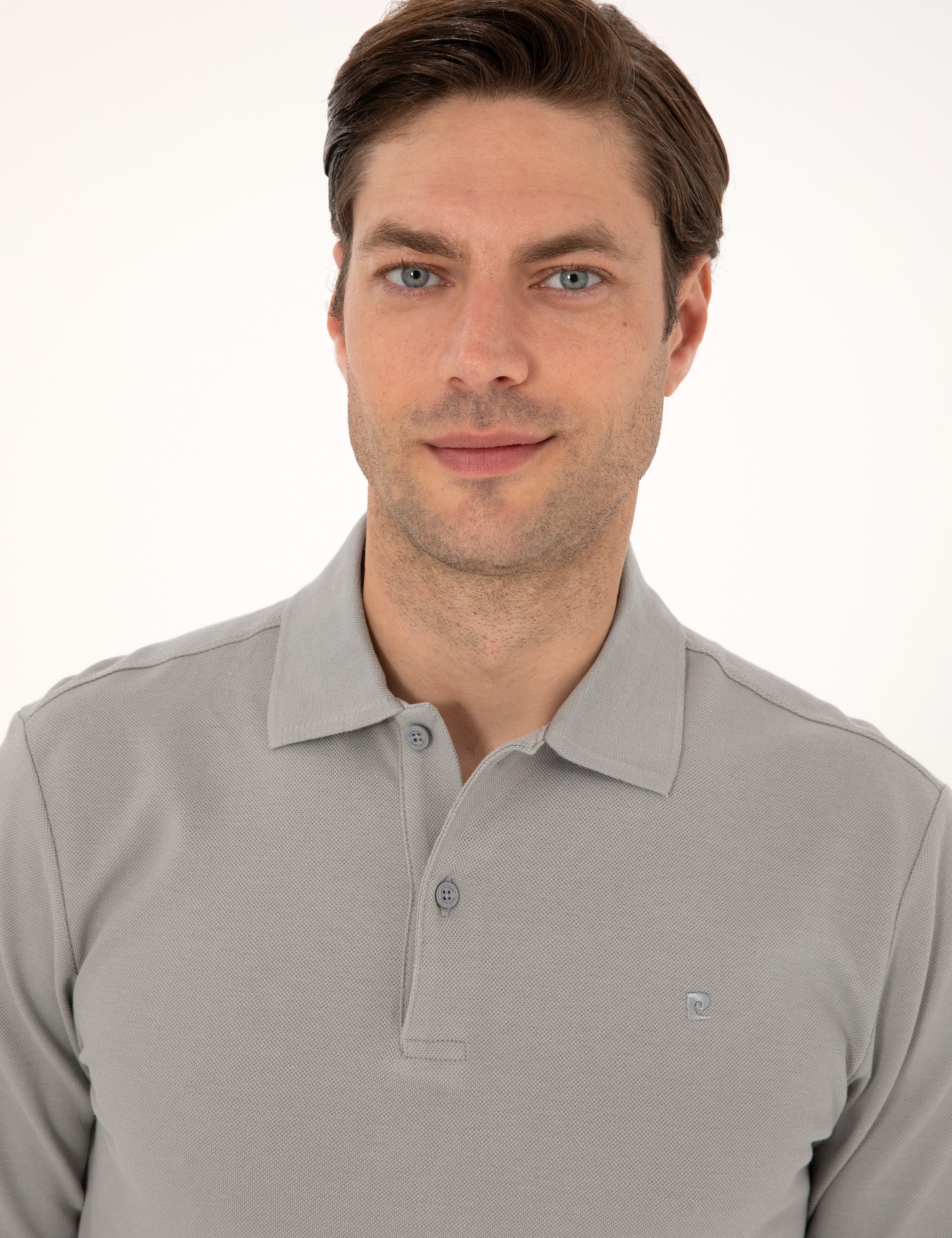 Gri Slim Fit Kıvrılmaz Polo Yaka Basic Pike Sweatshirt - Image 2