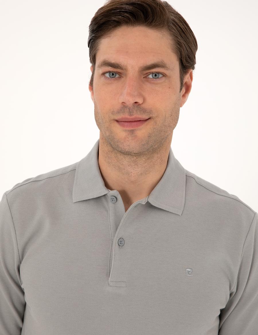 Gri Slim Fit Kıvrılmaz Polo Yaka Basic Pike Sweatshirt