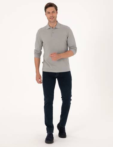 Gri Slim Fit Kıvrılmaz Polo Yaka Basic Pike Sweatshirt