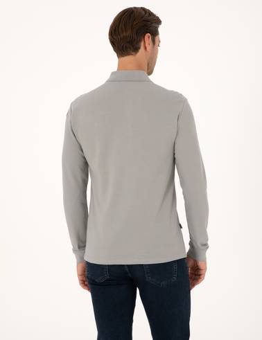 Gri Slim Fit Kıvrılmaz Polo Yaka Basic Pike Sweatshirt