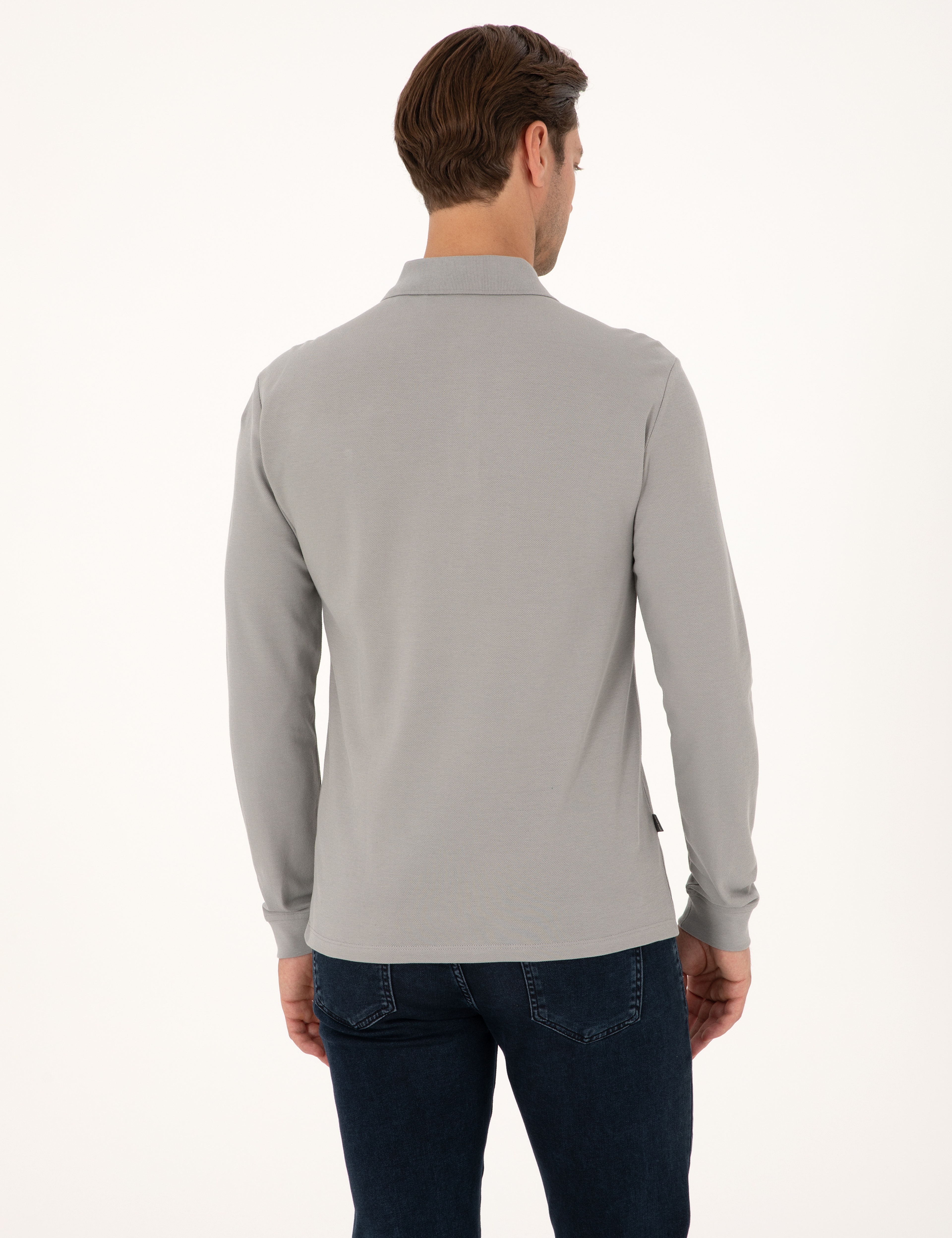 Gri Slim Fit Kıvrılmaz Polo Yaka Basic Pike Sweatshirt - Image 5