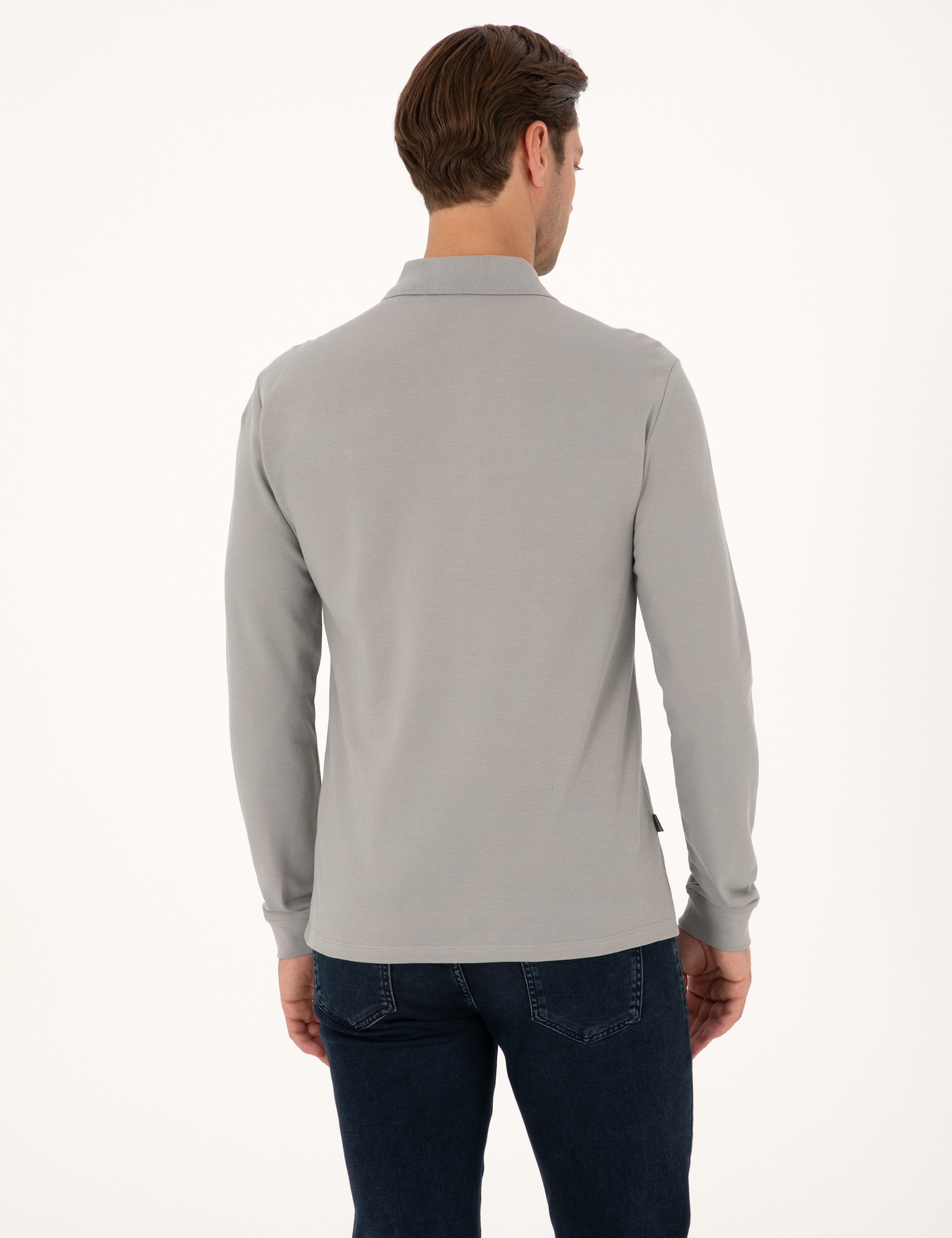 Gri Slim Fit Kıvrılmaz Polo Yaka Basic Pike Sweatshirt