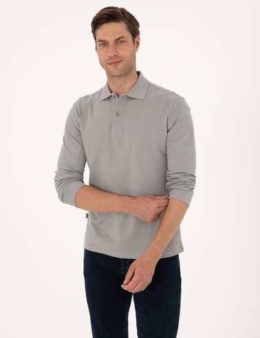 Gri Slim Fit Kıvrılmaz Polo Yaka Basic Pike Sweatshirt