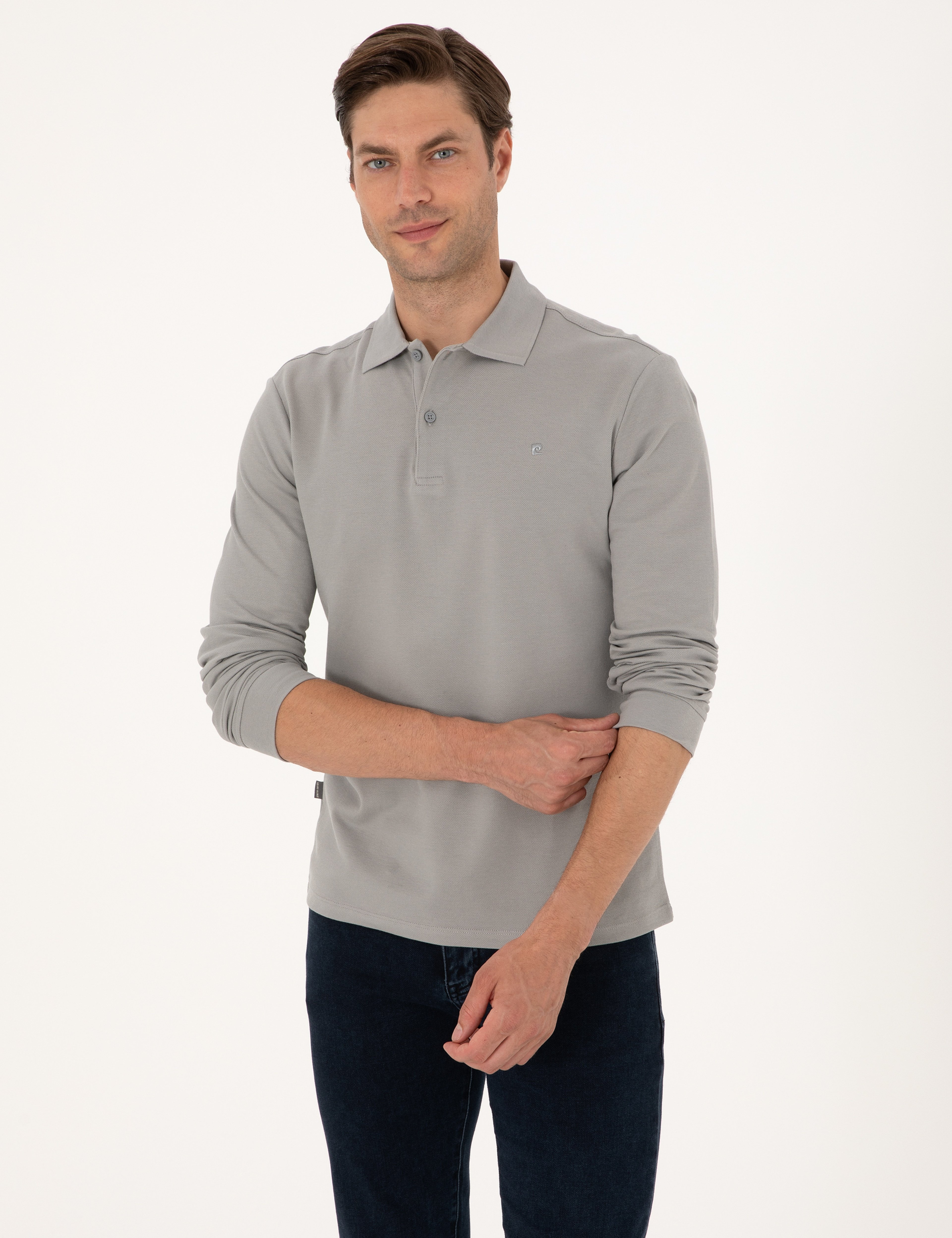 Gri Slim Fit Kıvrılmaz Polo Yaka Basic Pike Sweatshirt