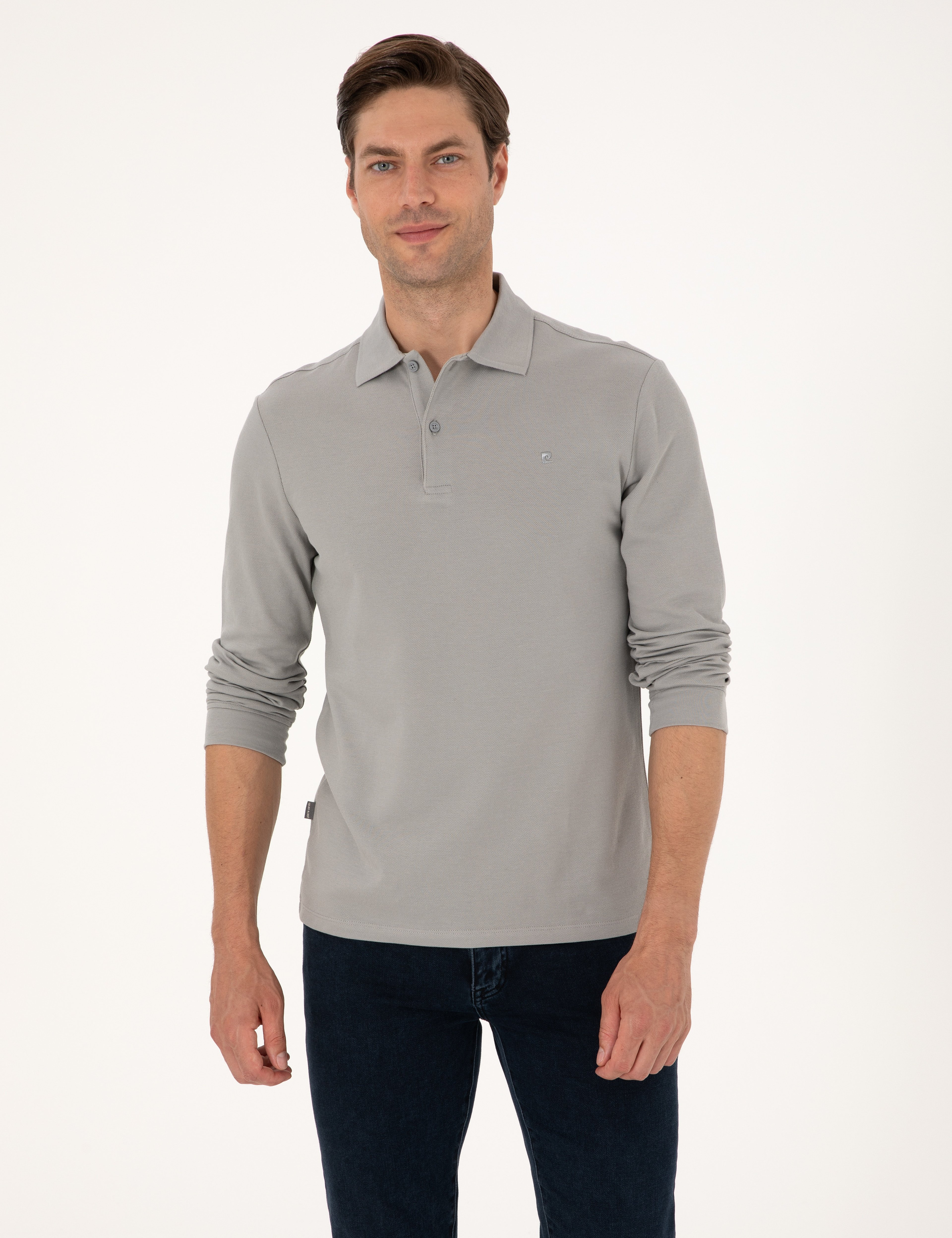 Gri Slim Fit Kıvrılmaz Polo Yaka Basic Pike Sweatshirt - Image 1