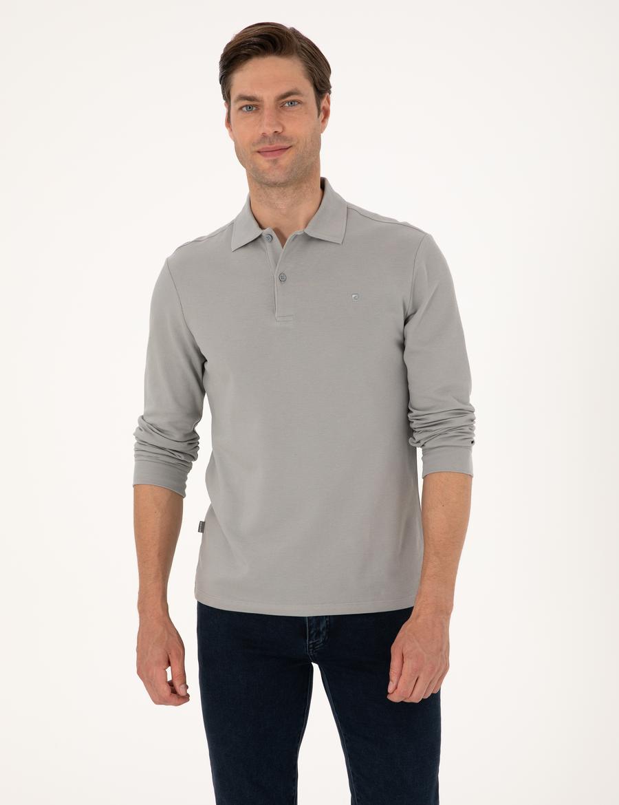 Gri Slim Fit Kıvrılmaz Polo Yaka Basic Pike Sweatshirt