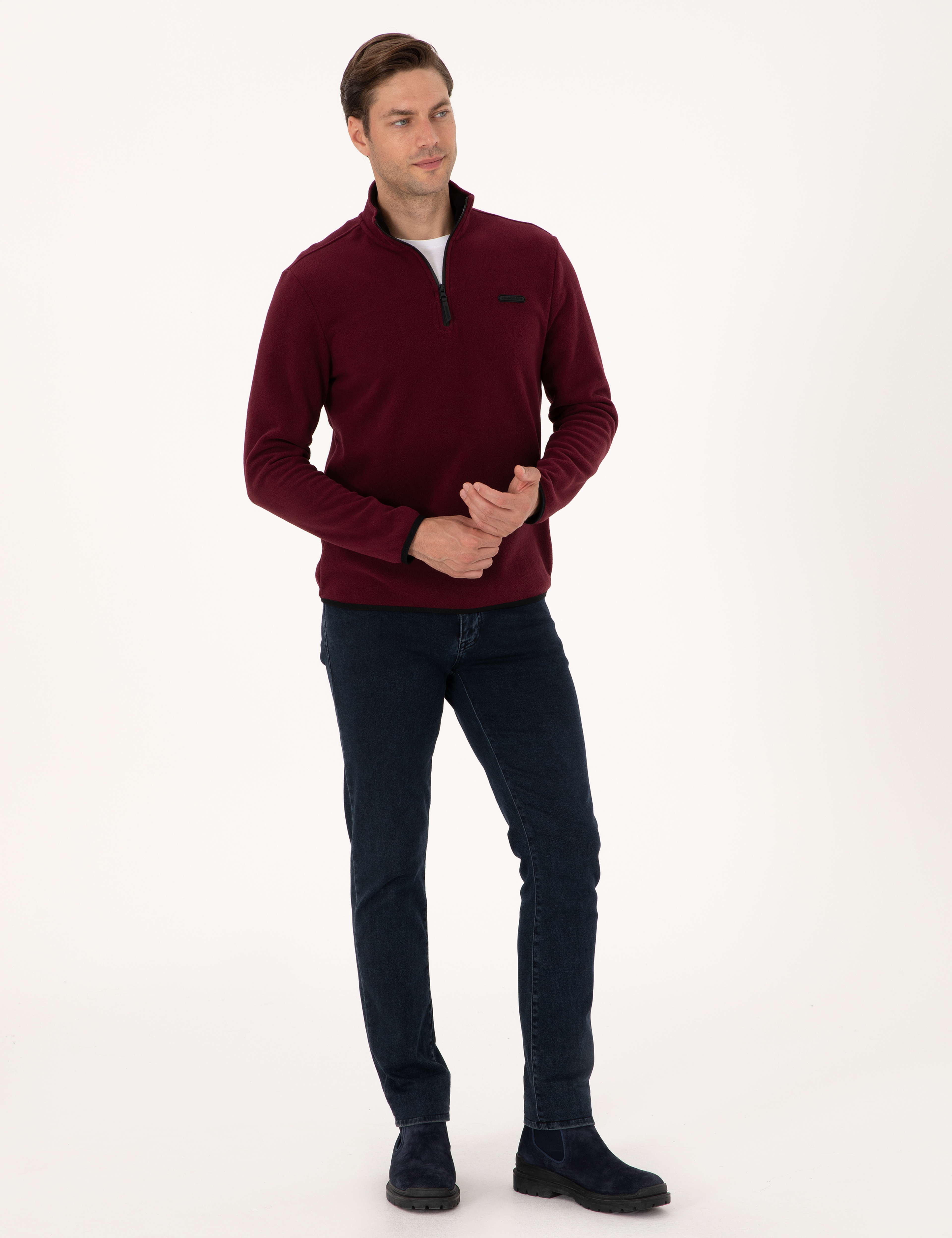 Bordo Regular Fit Yarım Fermuarlı Polar Sweatshirt - Image 4