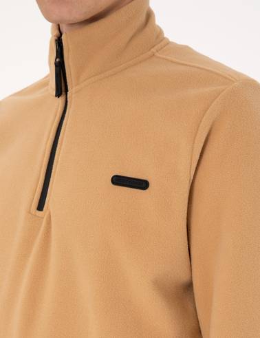 Bej Regular Fit Yarım Fermuarlı Polar Sweatshirt