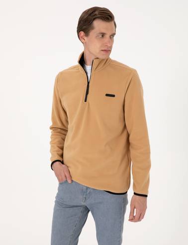 Bej Regular Fit Yarım Fermuarlı Polar Sweatshirt