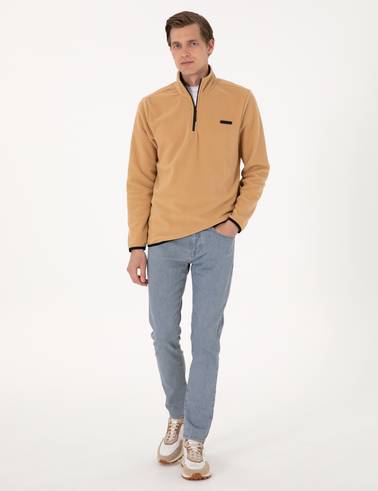 Bej Regular Fit Yarım Fermuarlı Polar Sweatshirt