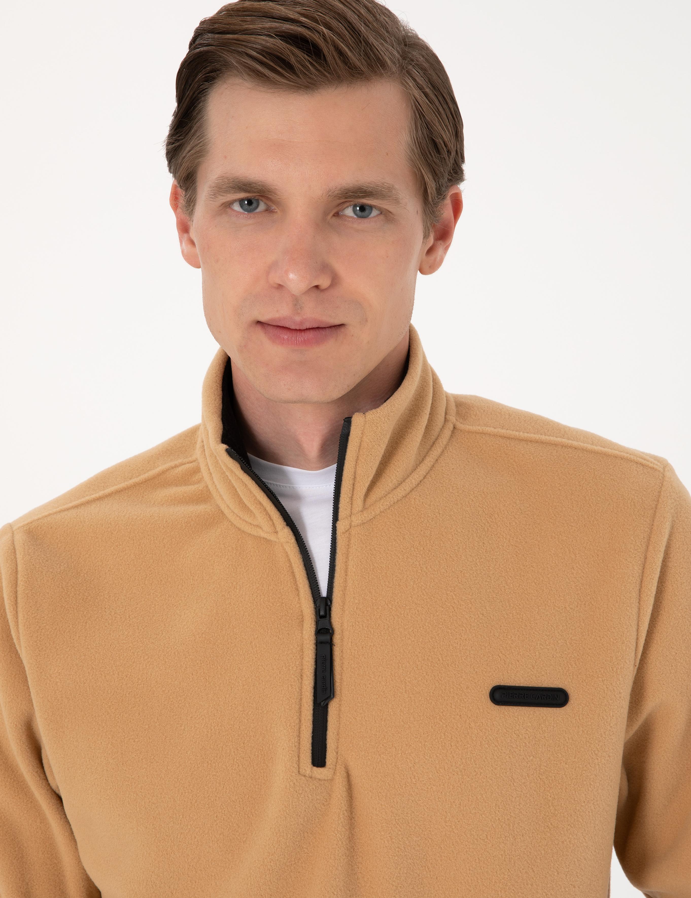Bej Regular Fit Yarım Fermuarlı Polar Sweatshirt