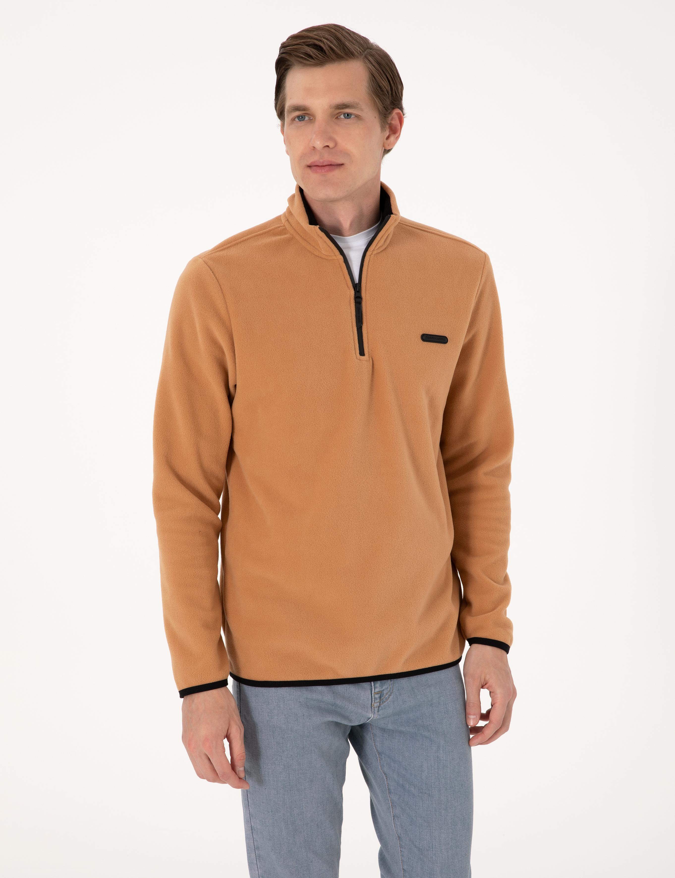 Açık Kahverengi Regular Fit Yarım Fermuarlı Polar Sweatshirt