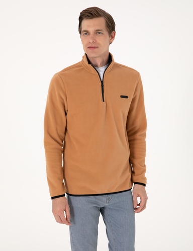 Açık Kahverengi Regular Fit Yarım Fermuarlı Polar Sweatshirt