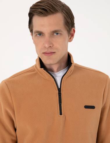 Açık Kahverengi Regular Fit Yarım Fermuarlı Polar Sweatshirt