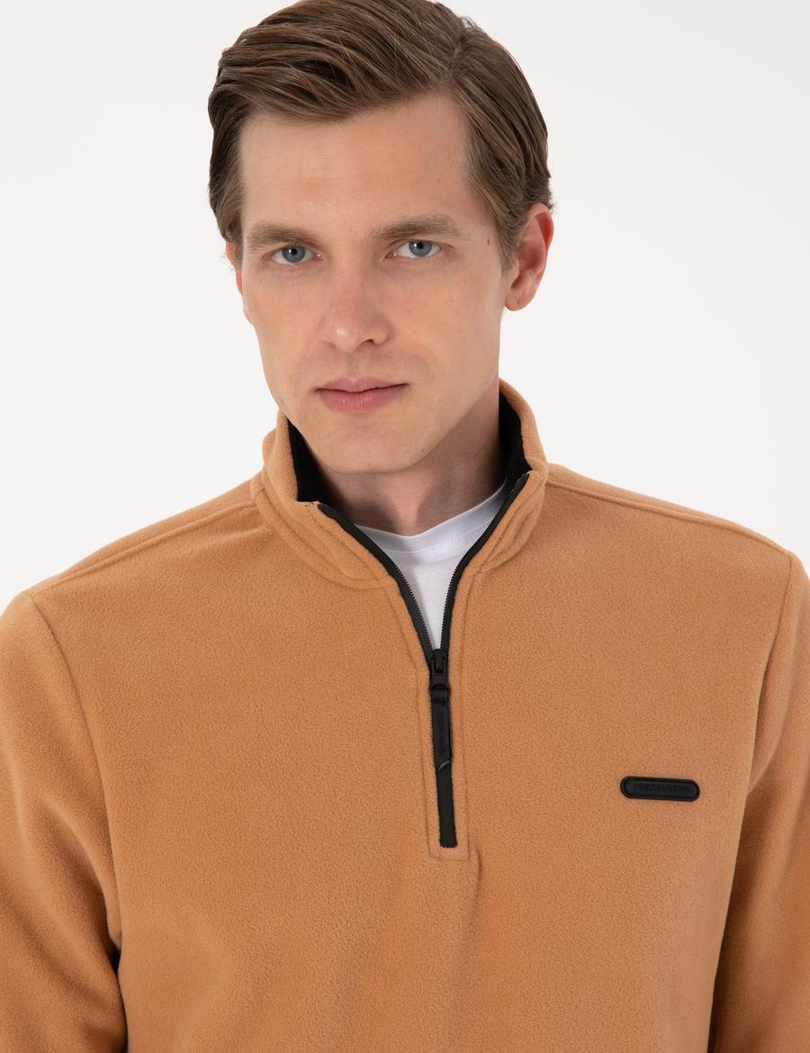 Açık Kahverengi Regular Fit Yarım Fermuarlı Polar Sweatshirt