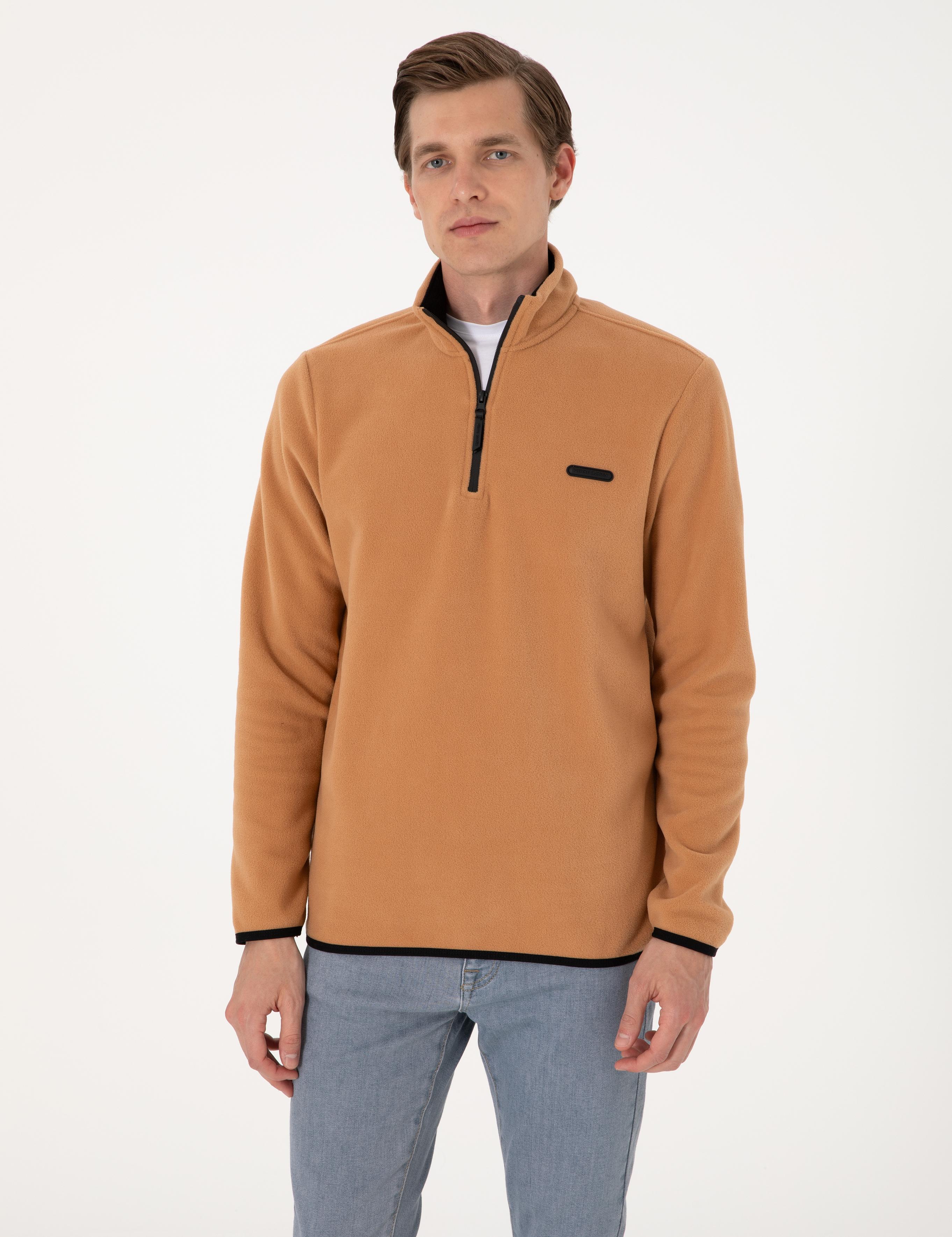 Açık Kahverengi Regular Fit Yarım Fermuarlı Polar Sweatshirt