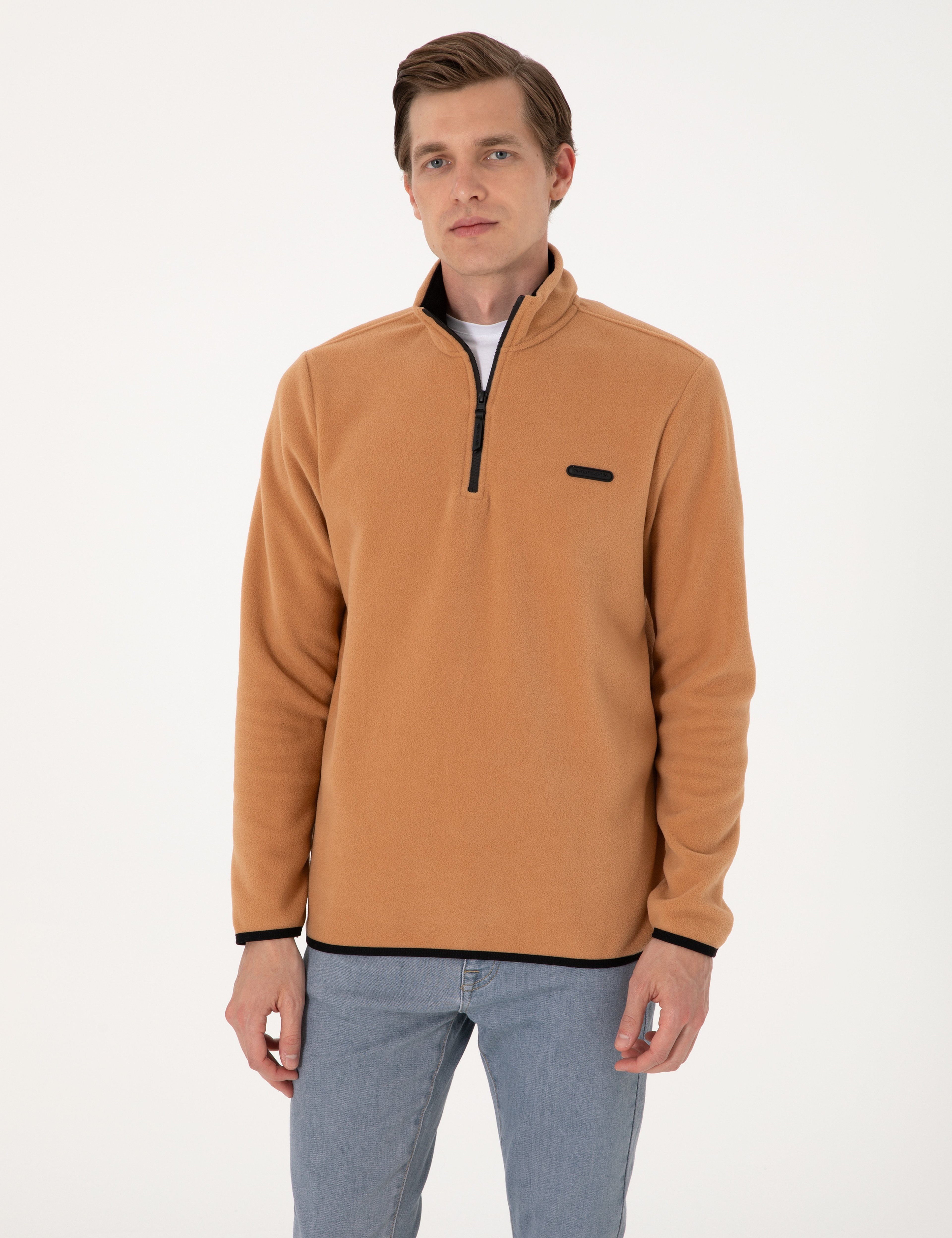 Açık Kahverengi Regular Fit Yarım Fermuarlı Polar Sweatshirt - Image 3