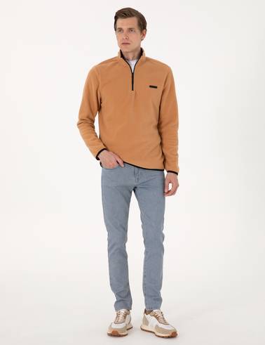 Açık Kahverengi Regular Fit Yarım Fermuarlı Polar Sweatshirt