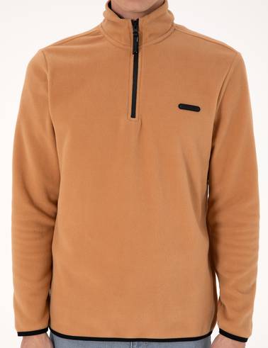 Açık Kahverengi Regular Fit Yarım Fermuarlı Polar Sweatshirt