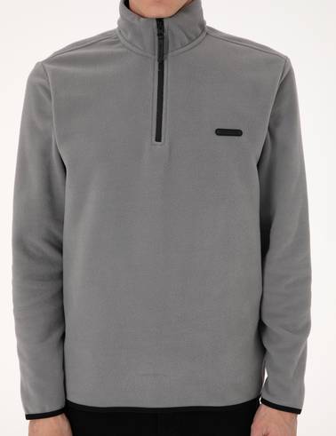 Gri Regular Fit Yarım Fermuarlı Polar Sweatshirt
