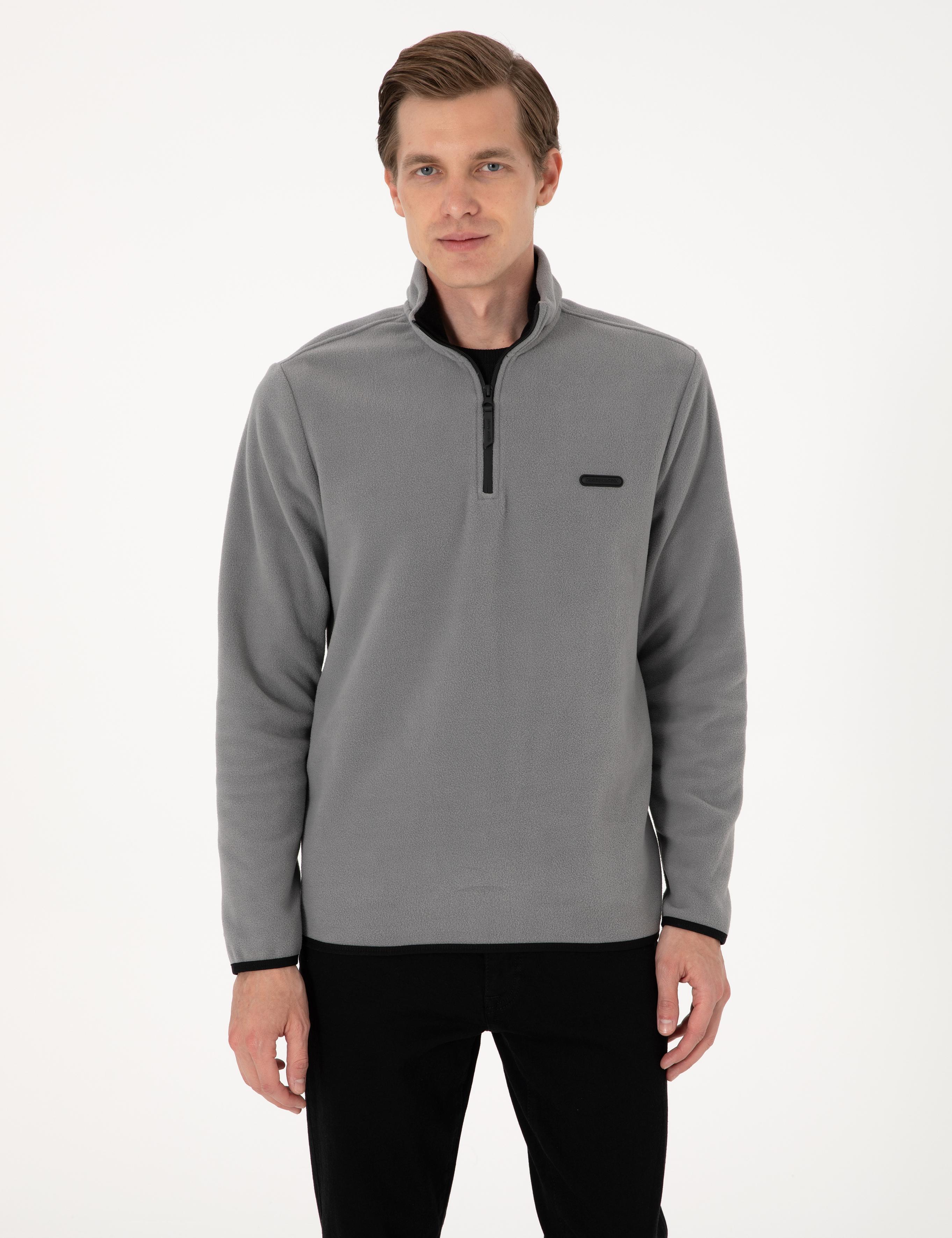 Gri Regular Fit Yarım Fermuarlı Polar Sweatshirt
