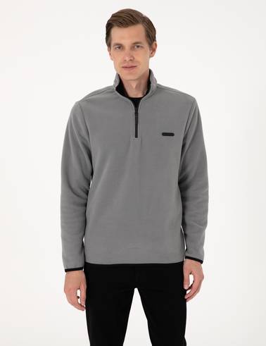 Gri Regular Fit Yarım Fermuarlı Polar Sweatshirt