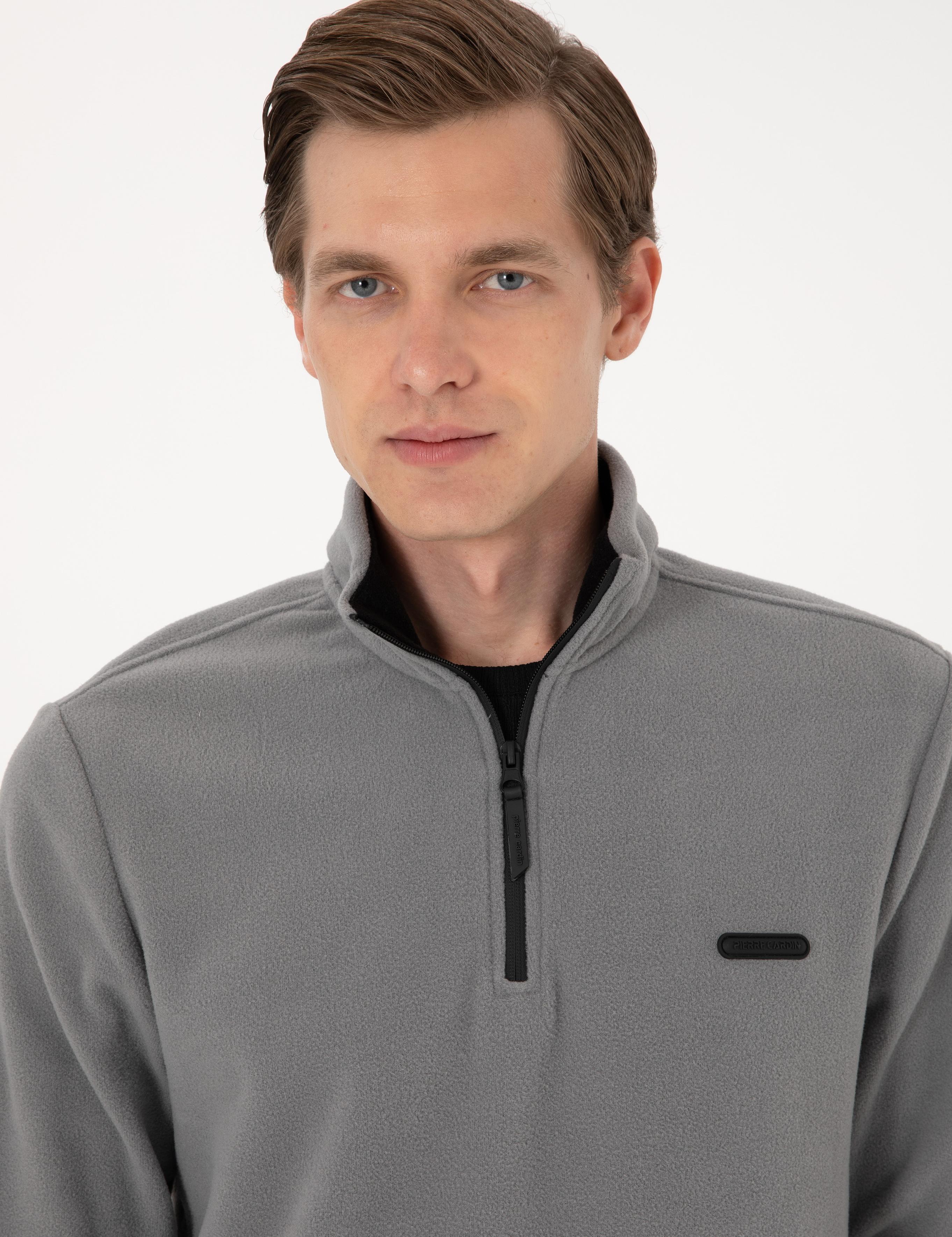 Gri Regular Fit Yarım Fermuarlı Polar Sweatshirt