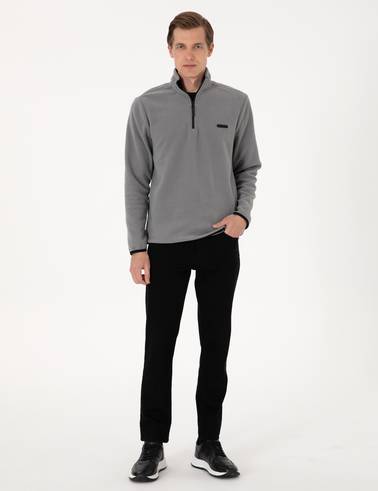 Gri Regular Fit Yarım Fermuarlı Polar Sweatshirt