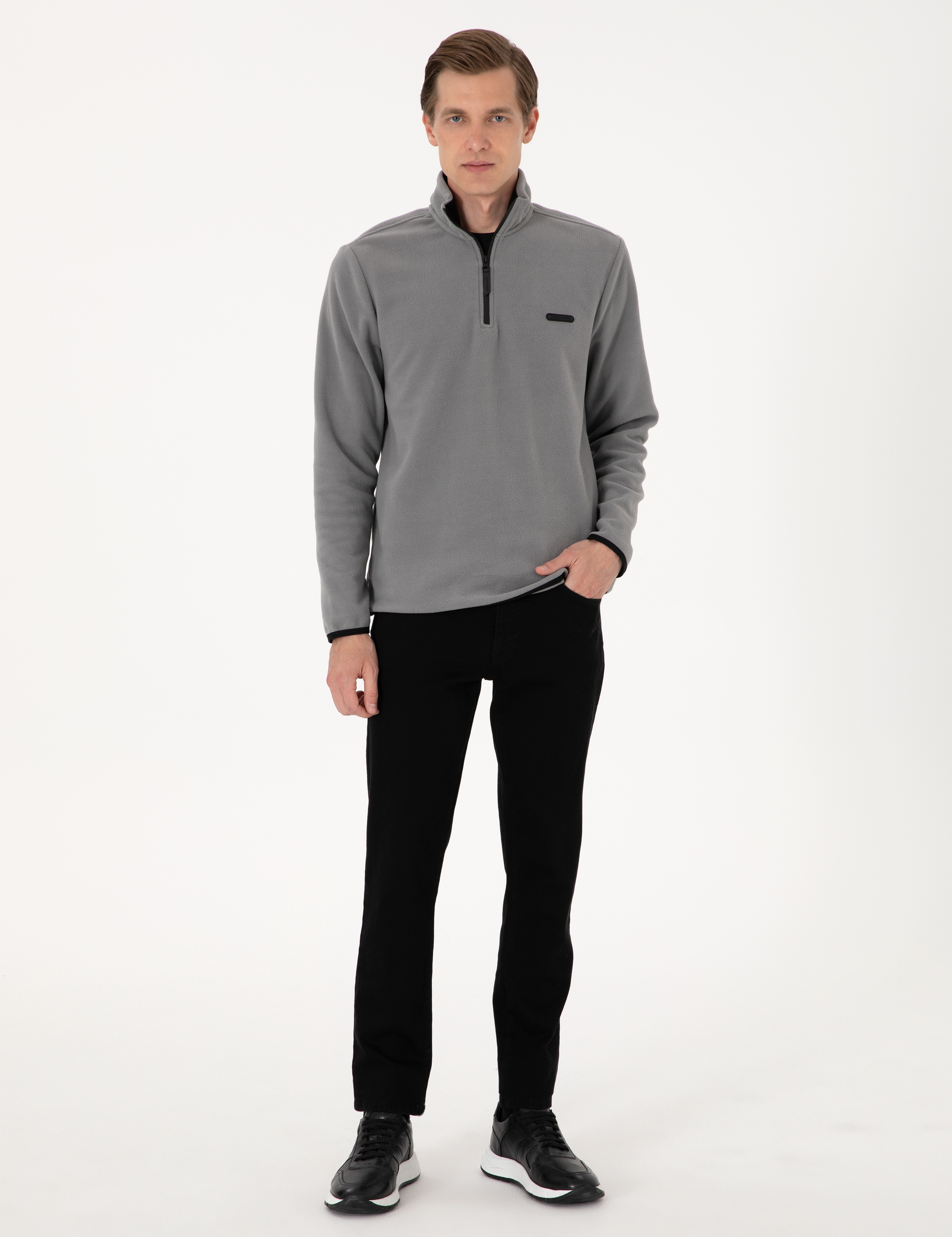 Gri Regular Fit Yarım Fermuarlı Polar Sweatshirt - Image 4