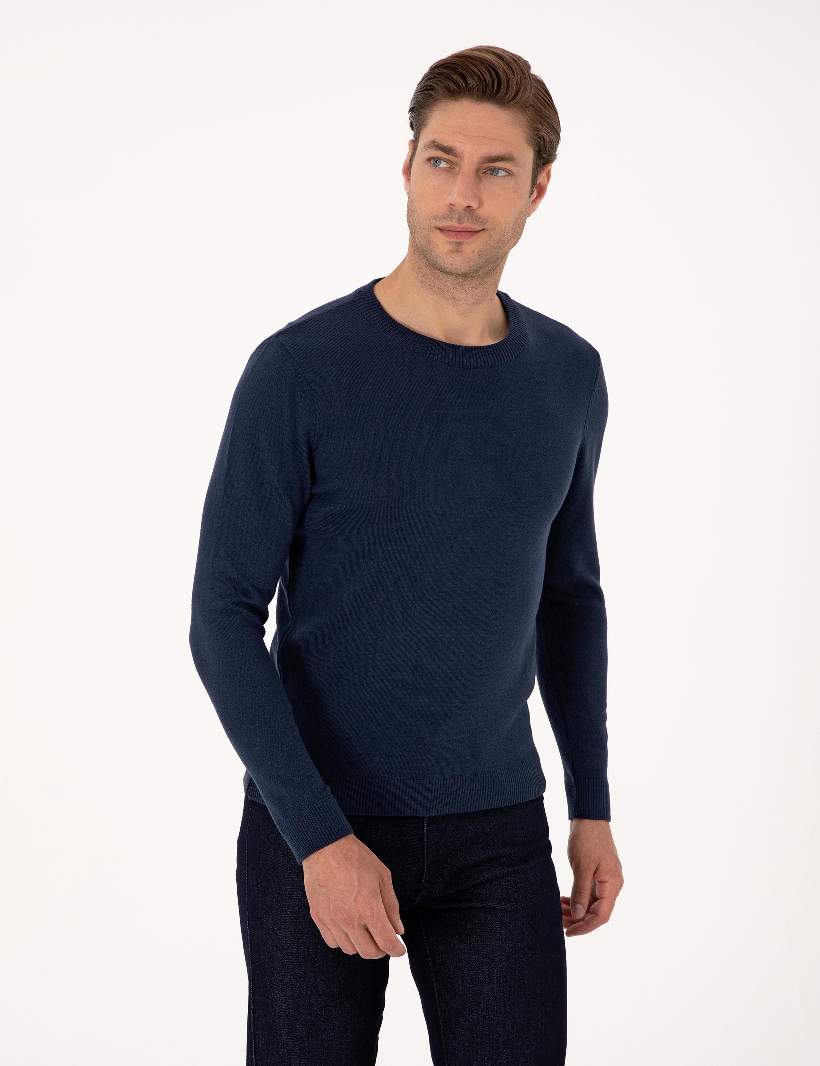 Açık Lacivert Slim Fit Bisiklet Yaka Basic Triko Kazak