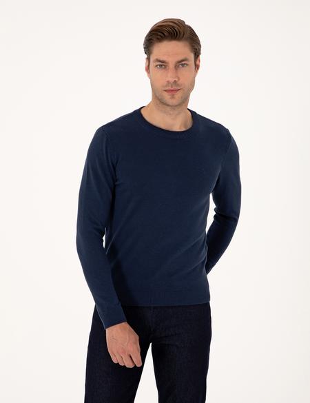 Açık Lacivert Slim Fit Bisiklet Yaka Basic Triko Kazak - 50314192183