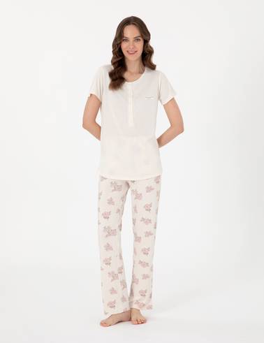 Krem Kısakollu Lohusa Pijama Takımı