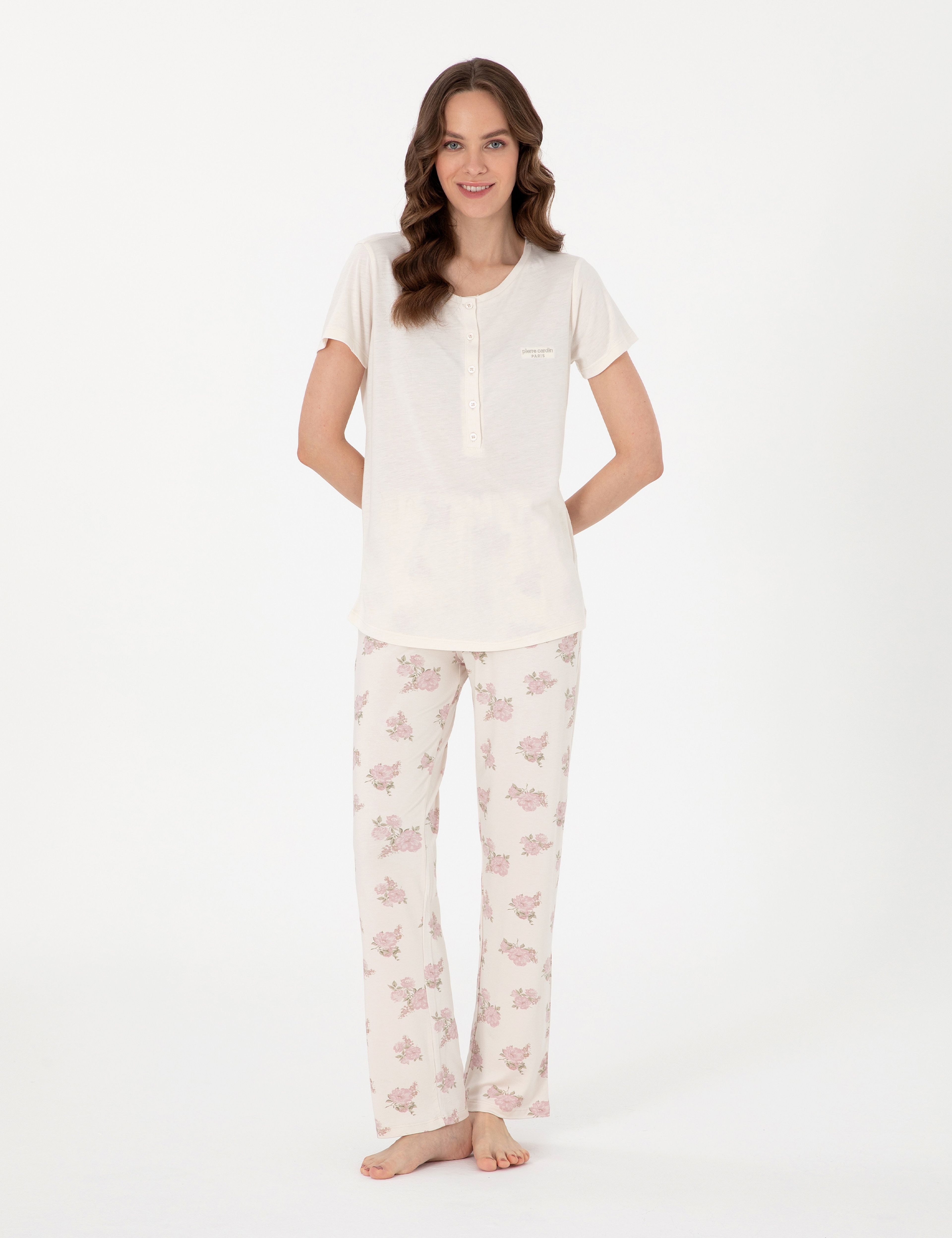 Krem Kısakollu Lohusa Pijama Takımı