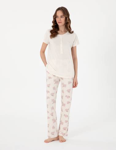 Krem Kısakollu Lohusa Pijama Takımı