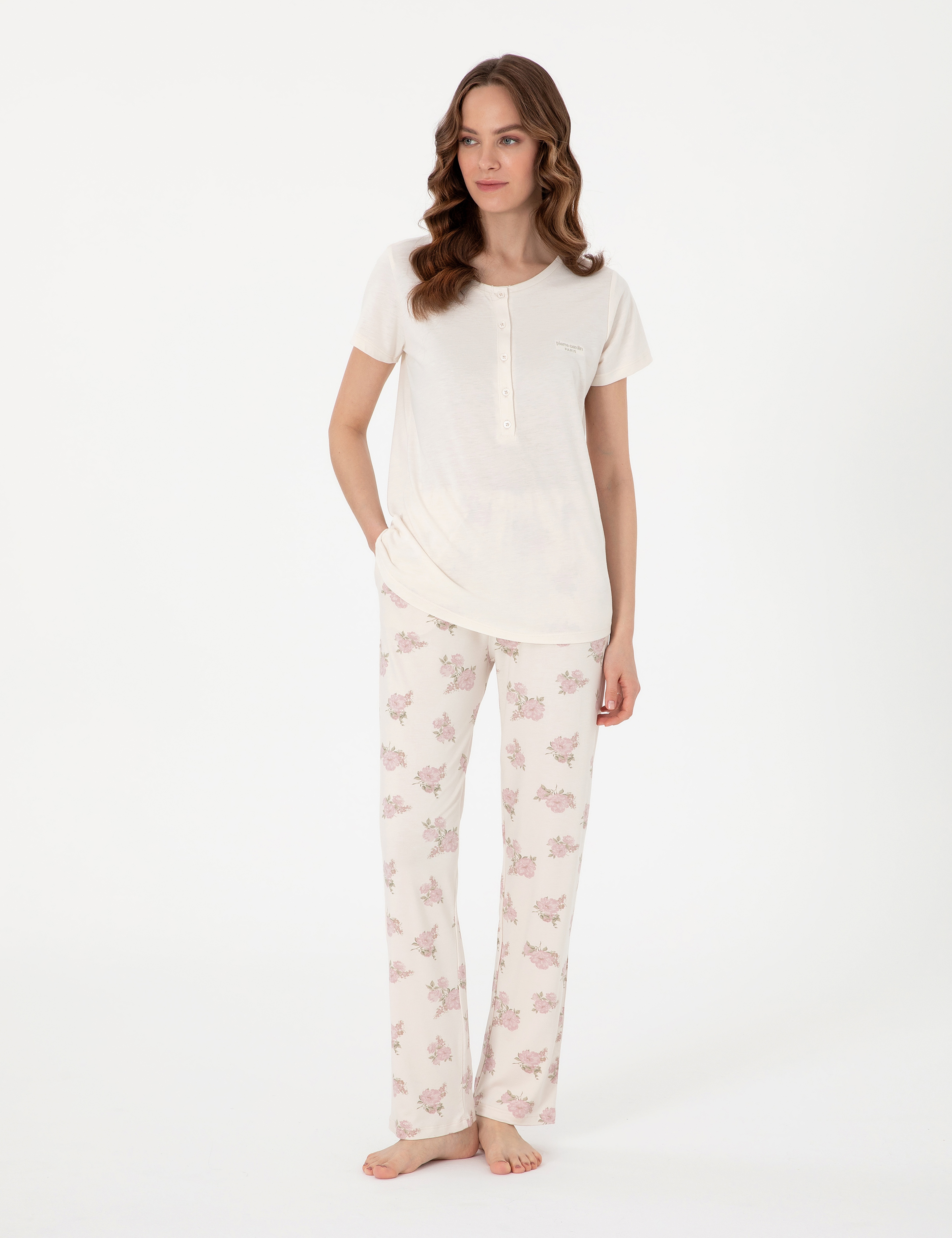 Krem Kısakollu Lohusa Pijama Takımı