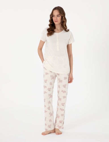 Krem Kısakollu Lohusa Pijama Takımı