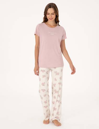 Pudra Kısakollu Pijama Takımı