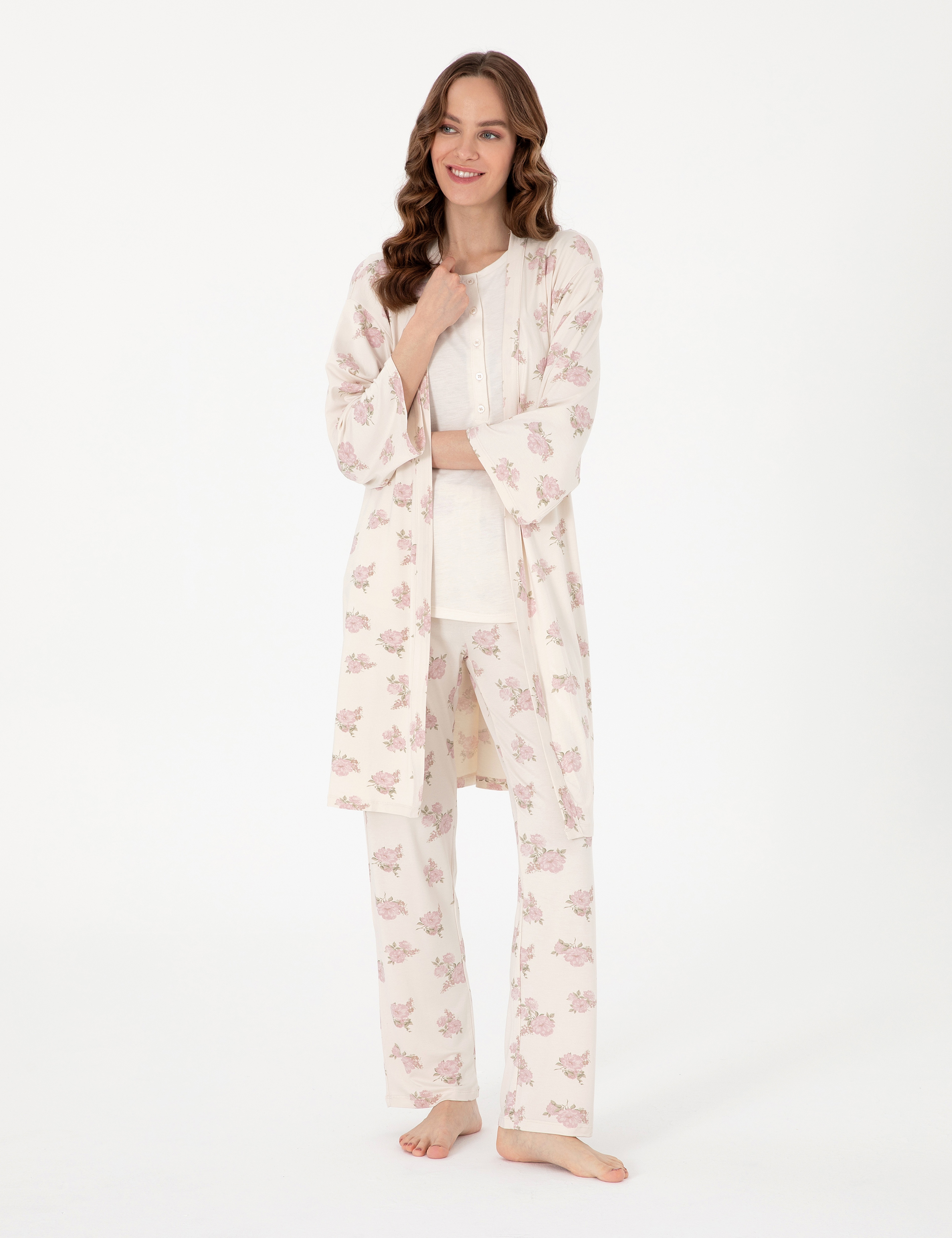 Krem 3'lü Lohusa Pijama Takımı