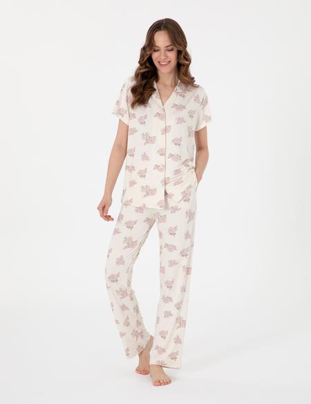 Krem Kısakollu Gömlek Pijama Takımı - 50319049001