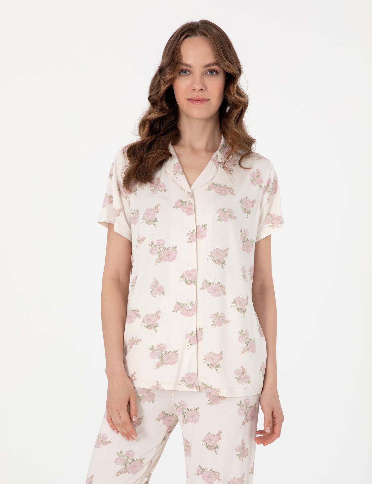 Krem Kısakollu Gömlek Pijama Takımı - 50319049001