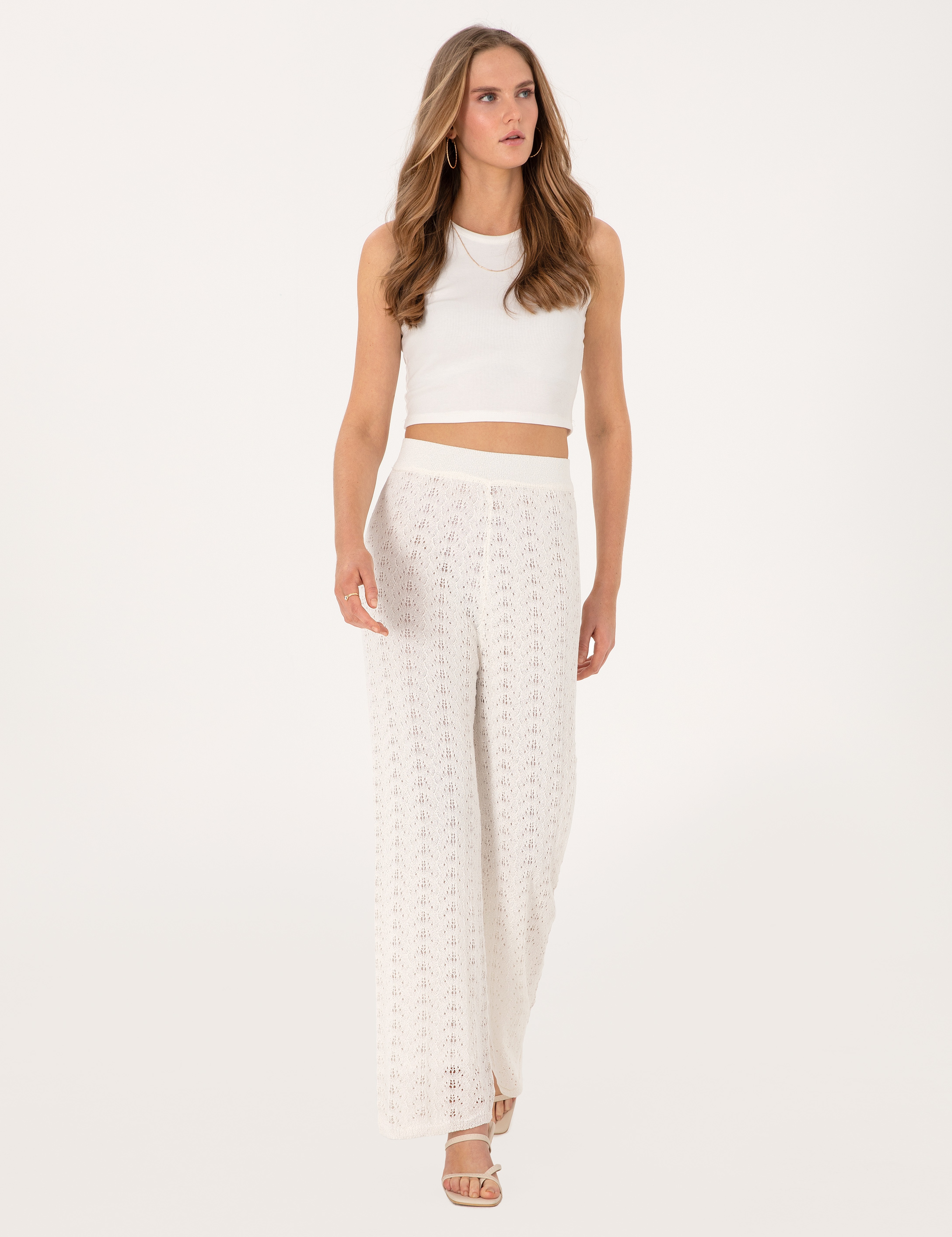 Beyaz Loose Fit Triko Pantolon - Image 3