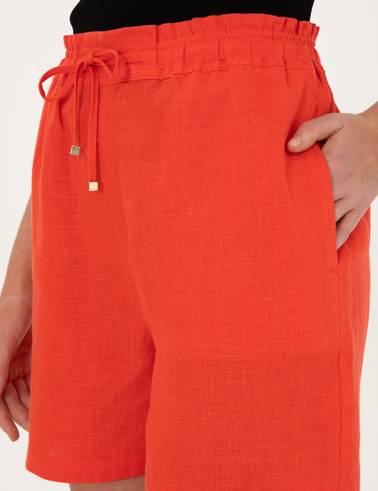 Kırmızı Comfort Fit Keten Bermuda Şort