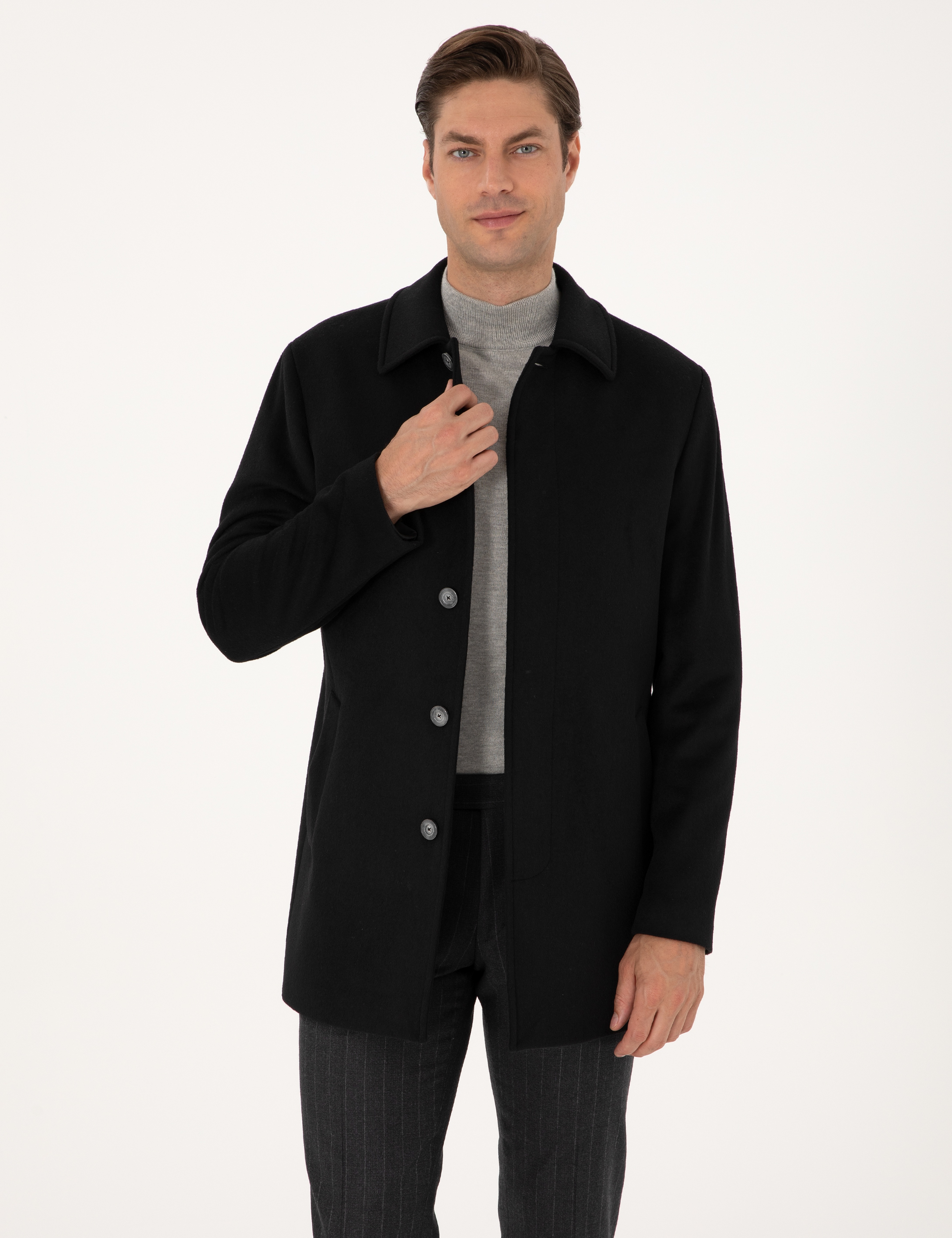 Siyah Slim Fit Kaşe Kaban - Image 1